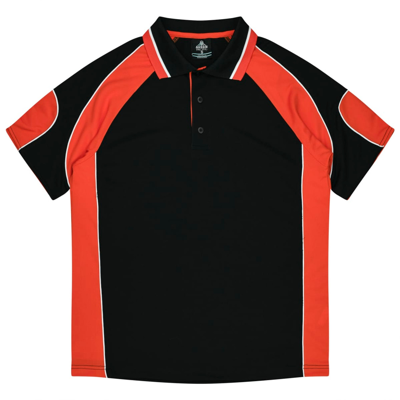 A black and red polo shirt with a collar and contrasting side panels, featuring a logo.