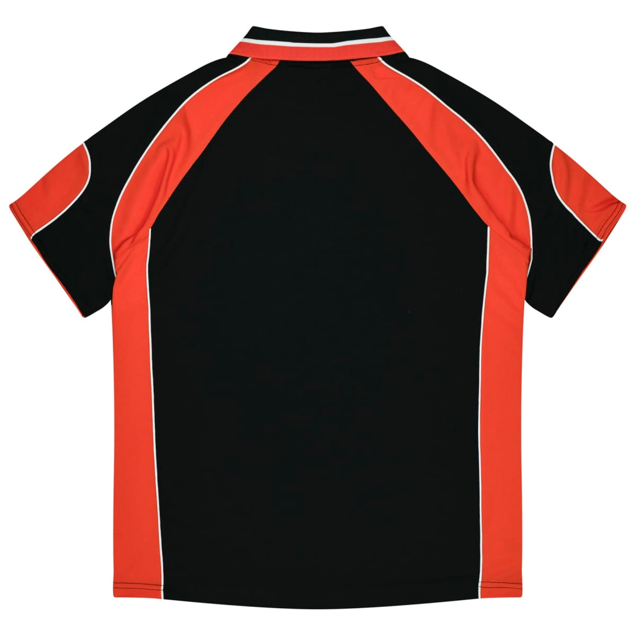 A black polo shirt with orange accents and white piping on the sleeves and collar. It features a branding logo.