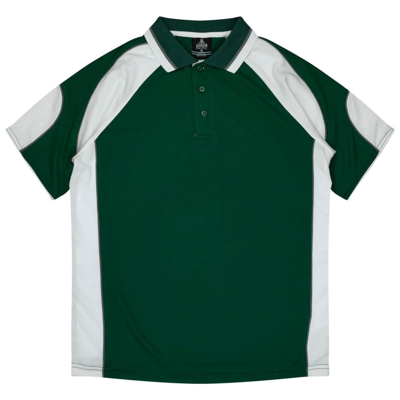 A green and white polo shirt with a collar and short sleeves, featuring a logo on the chest.