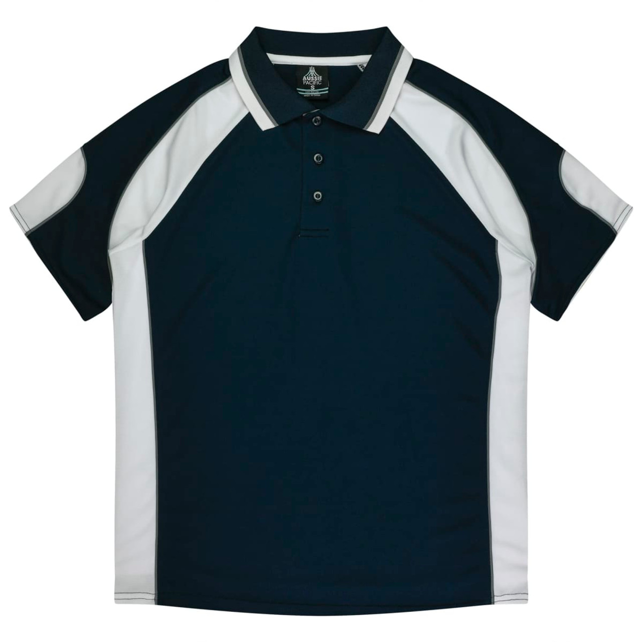 A navy and white polo shirt featuring a two-tone design and a collar, complete with a branding logo.