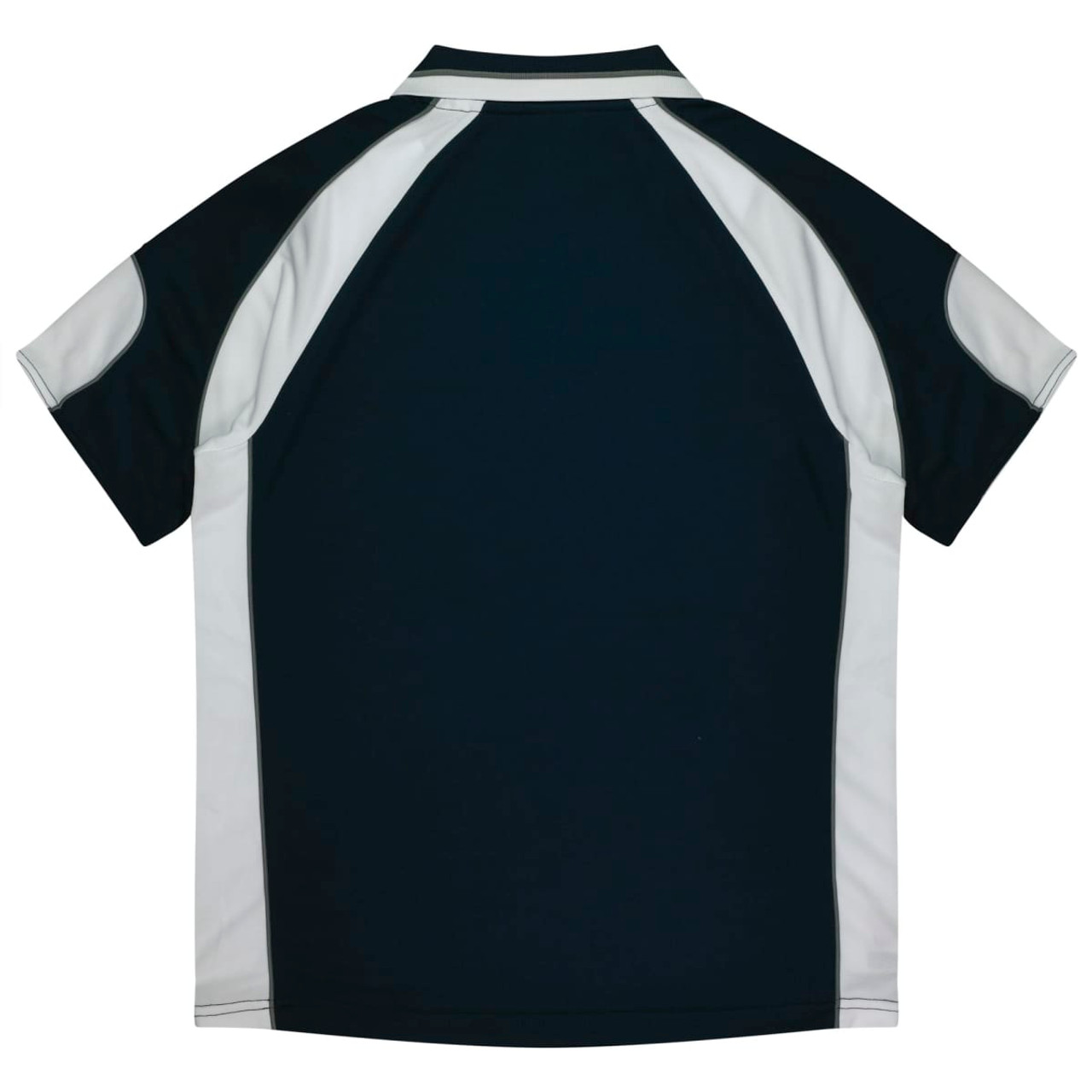 A navy polo shirt with white accents, featuring a logo on the back.