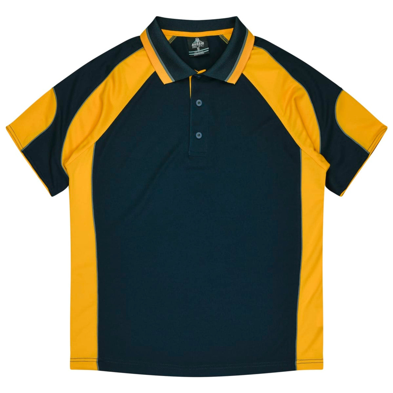 A polo shirt featuring a combination of dark green and yellow colours, with a collar and short sleeves. It has a logo.