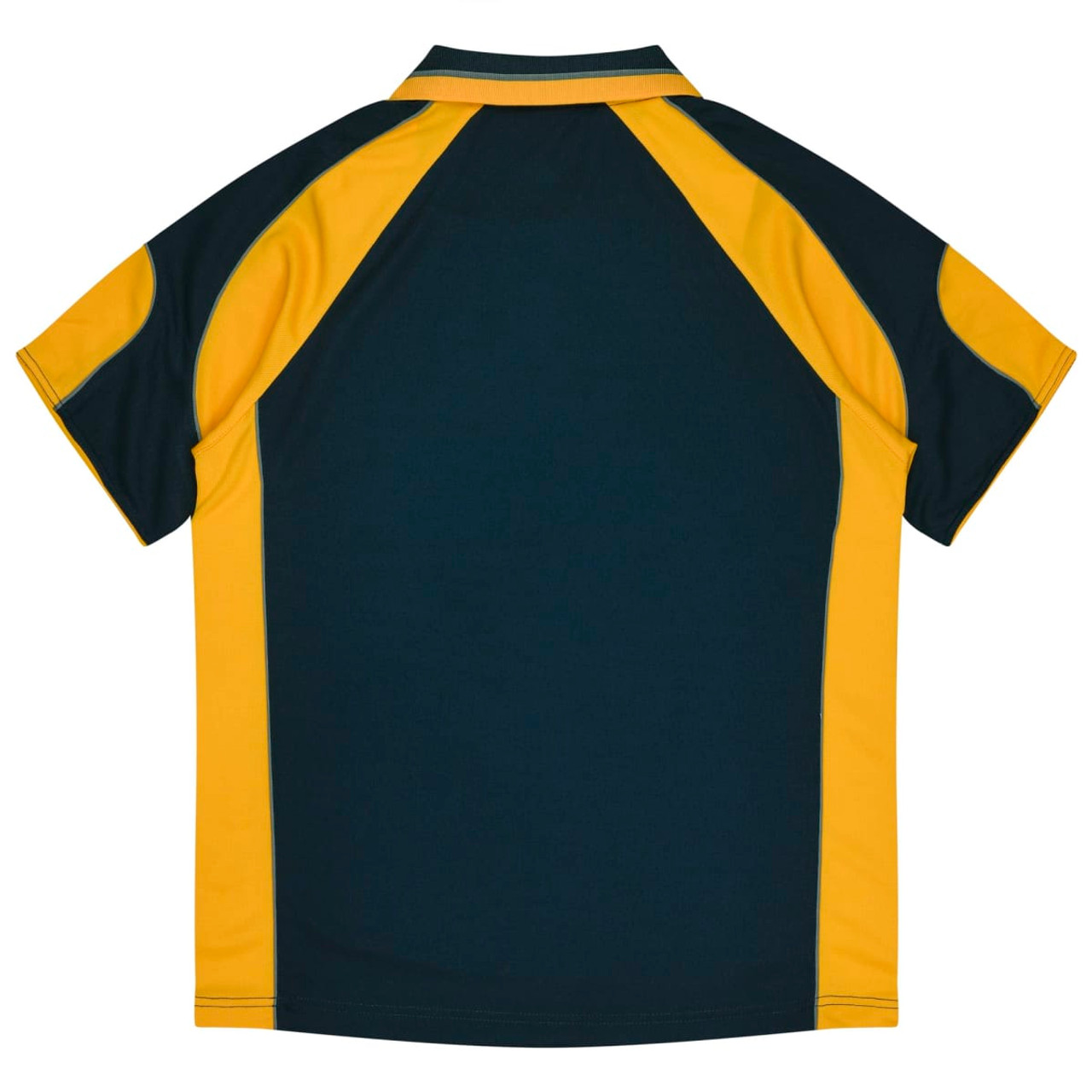 A polo shirt featuring a dark green body with yellow sleeves and a collar. It includes a logo on the chest.