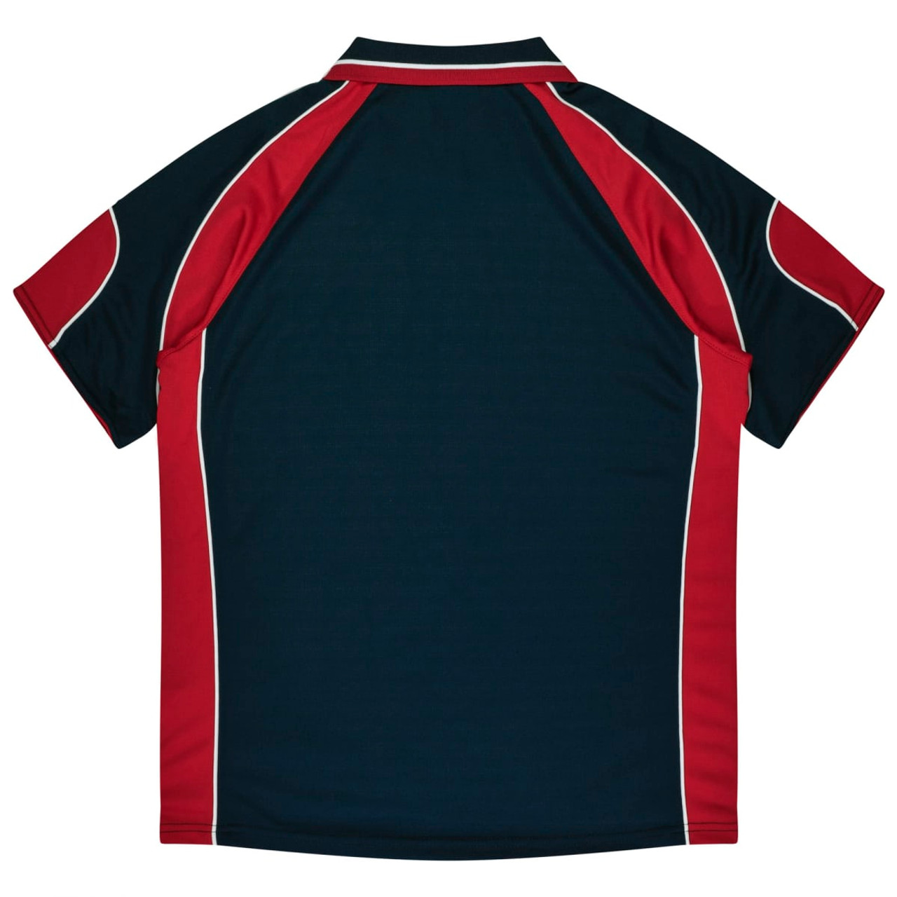 A navy polo shirt featuring red accents and a logo on the back.