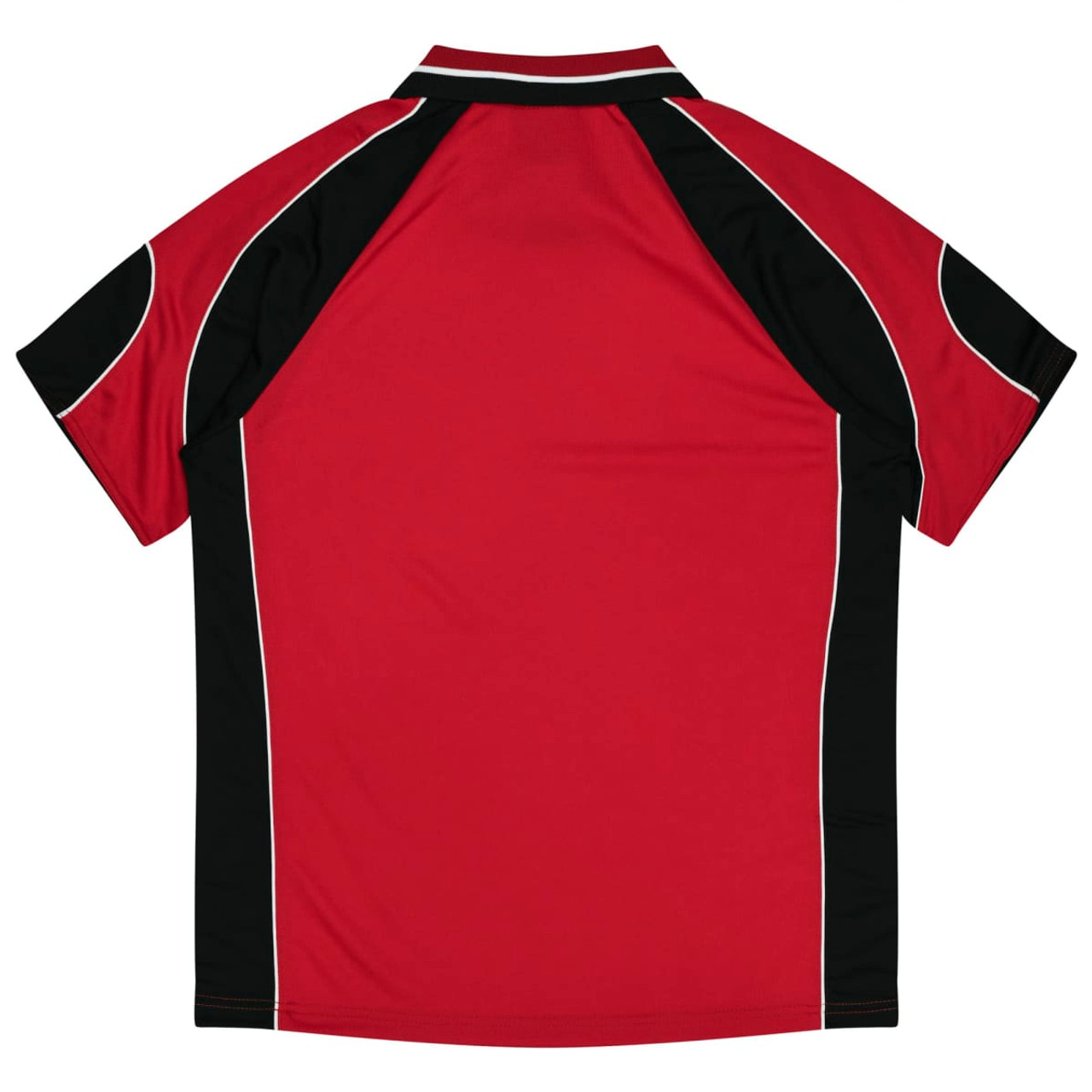 A red polo shirt with black accents and white piping, featuring a logo on the back.