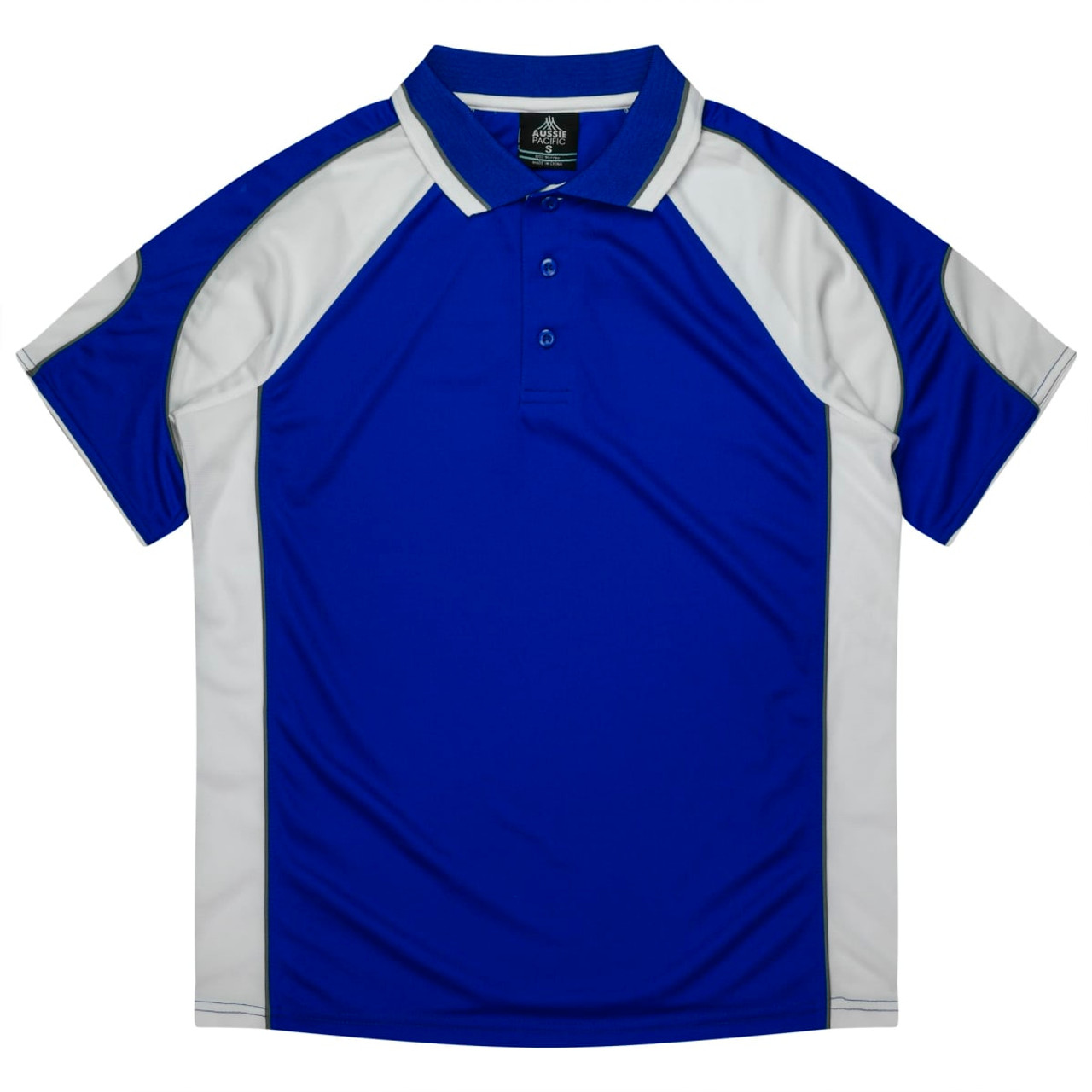 A blue and white polo shirt with a collar and short sleeves, featuring a logo on the upper section.