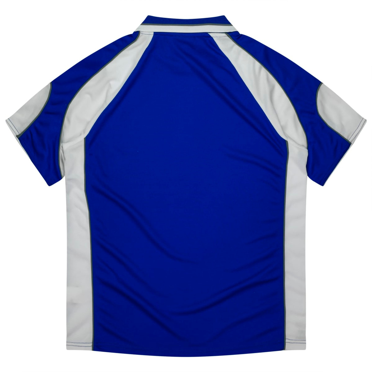 A blue and grey polo shirt with a contrasting design and a logo on the back.