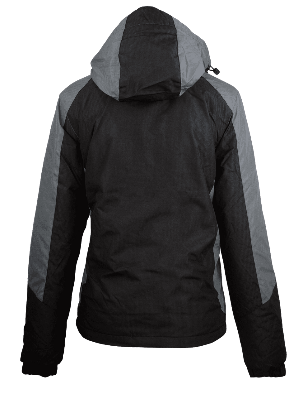 A black and grey jacket with a hood and a logo on the back. Suitable for various outdoor activities.