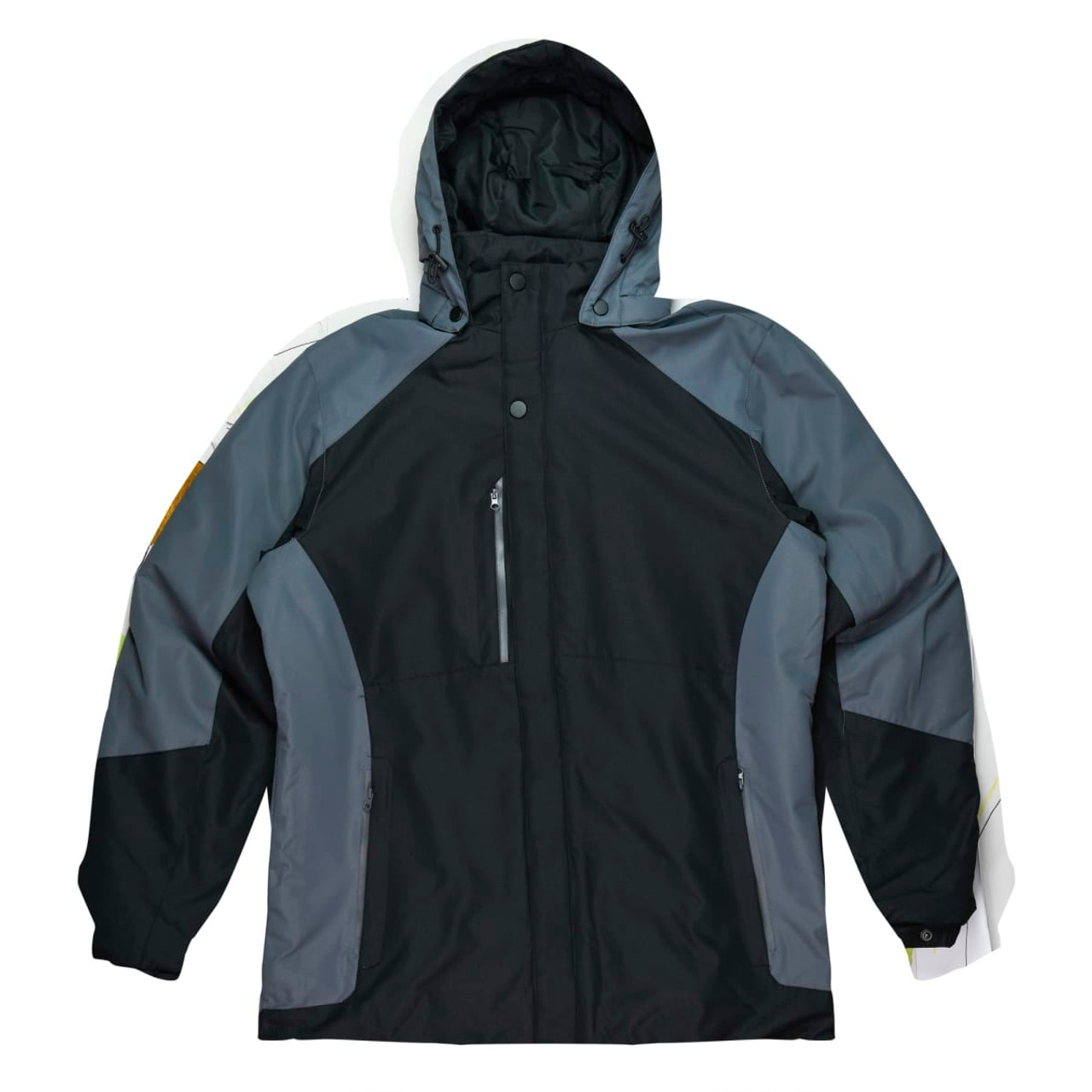 A black and grey men's jacket with a hood, featuring a zippered chest pocket and a logo.