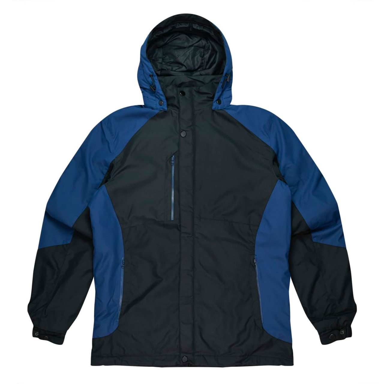 A men's jacket featuring a black body with navy blue accents, complete with a hood and multiple pockets.