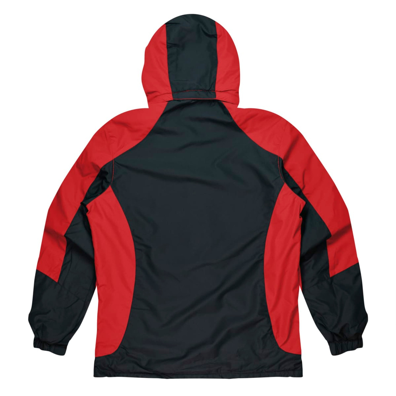A men's jacket featuring a black body with red accents and a hood, showcasing a logo on the back.