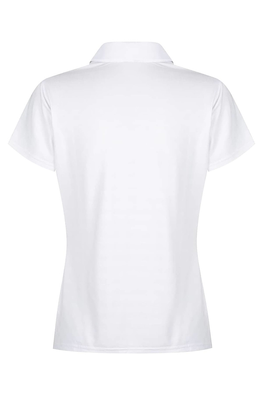 A white polo shirt with a classic collar, featuring a back view. The shirt has a logo at the collar.