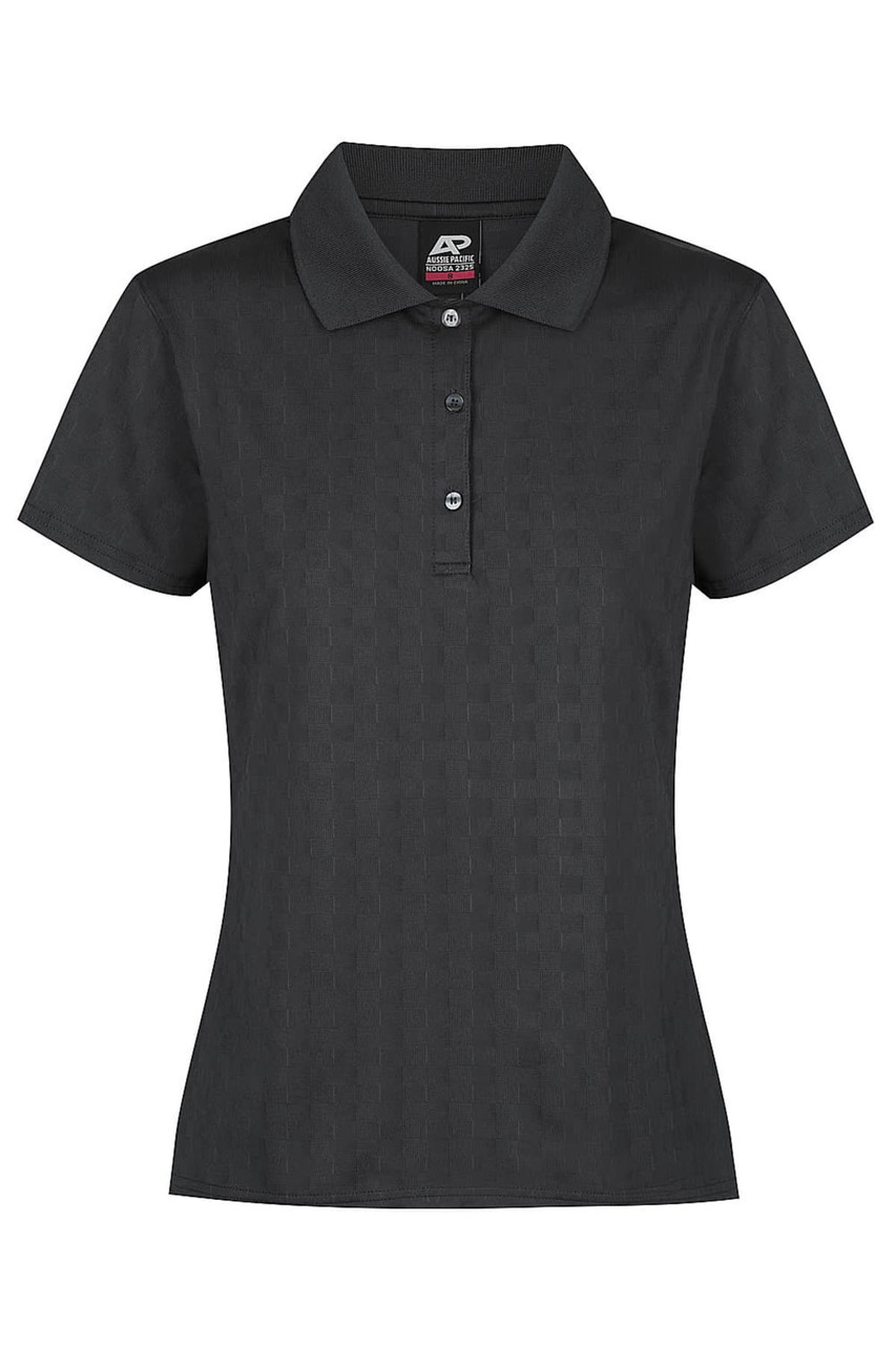 A black polo shirt with a ribbed texture and collar, featuring a button placket and a logo on the label.
