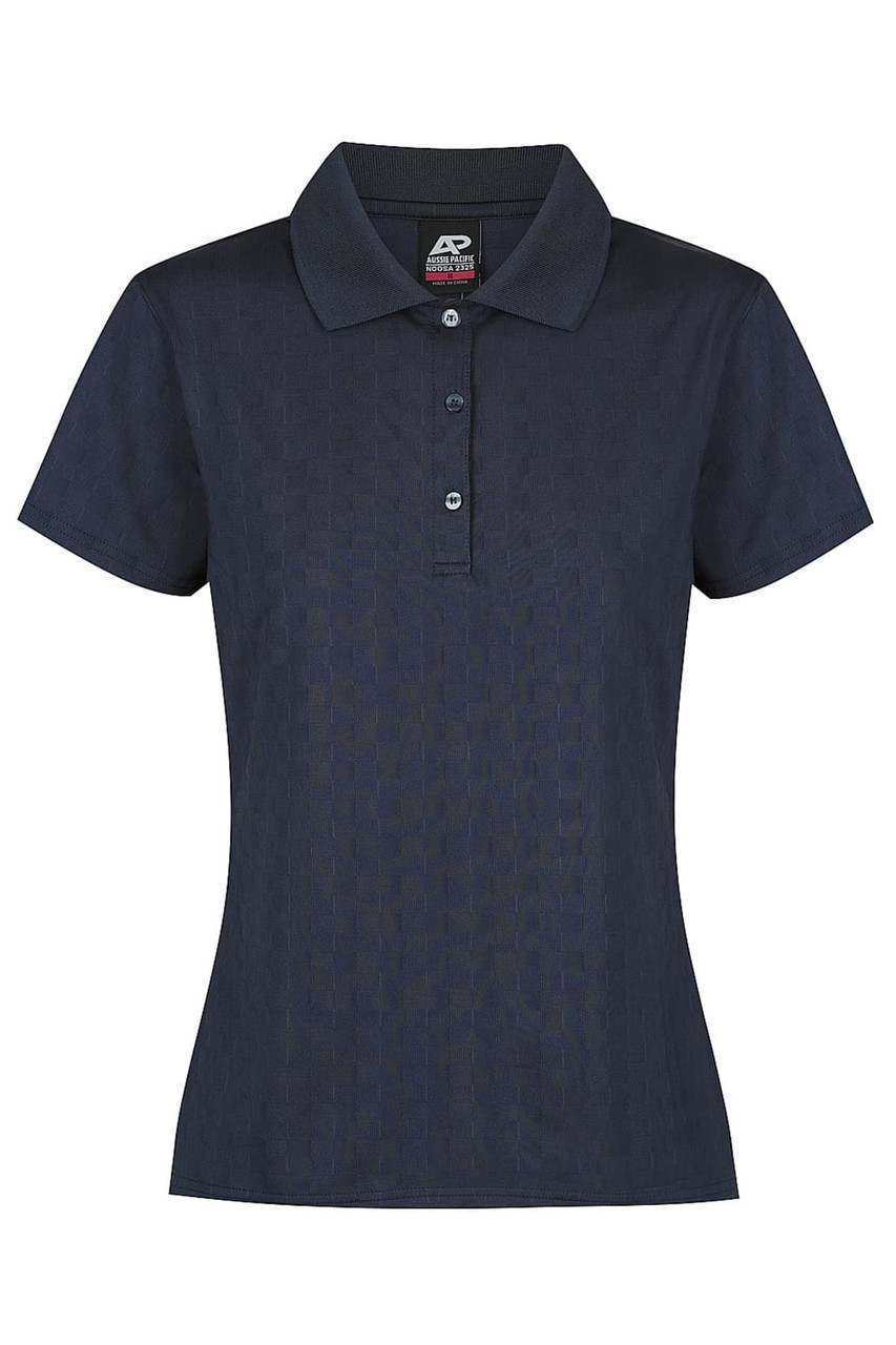 A navy polo shirt with a collared neckline and three-button placket, featuring a logo on the label.