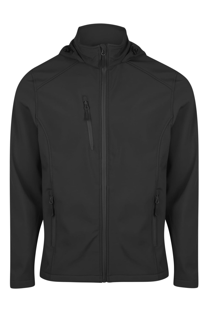 A black jacket with a hood, featuring zippered pockets and a sleek design. It has a logo on it.