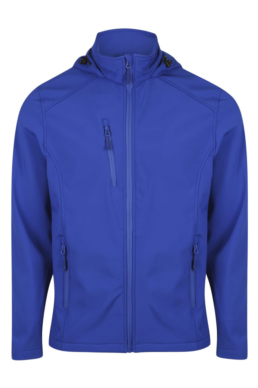 A blue jacket with a hood, featuring zippered pockets and a logo on the chest.