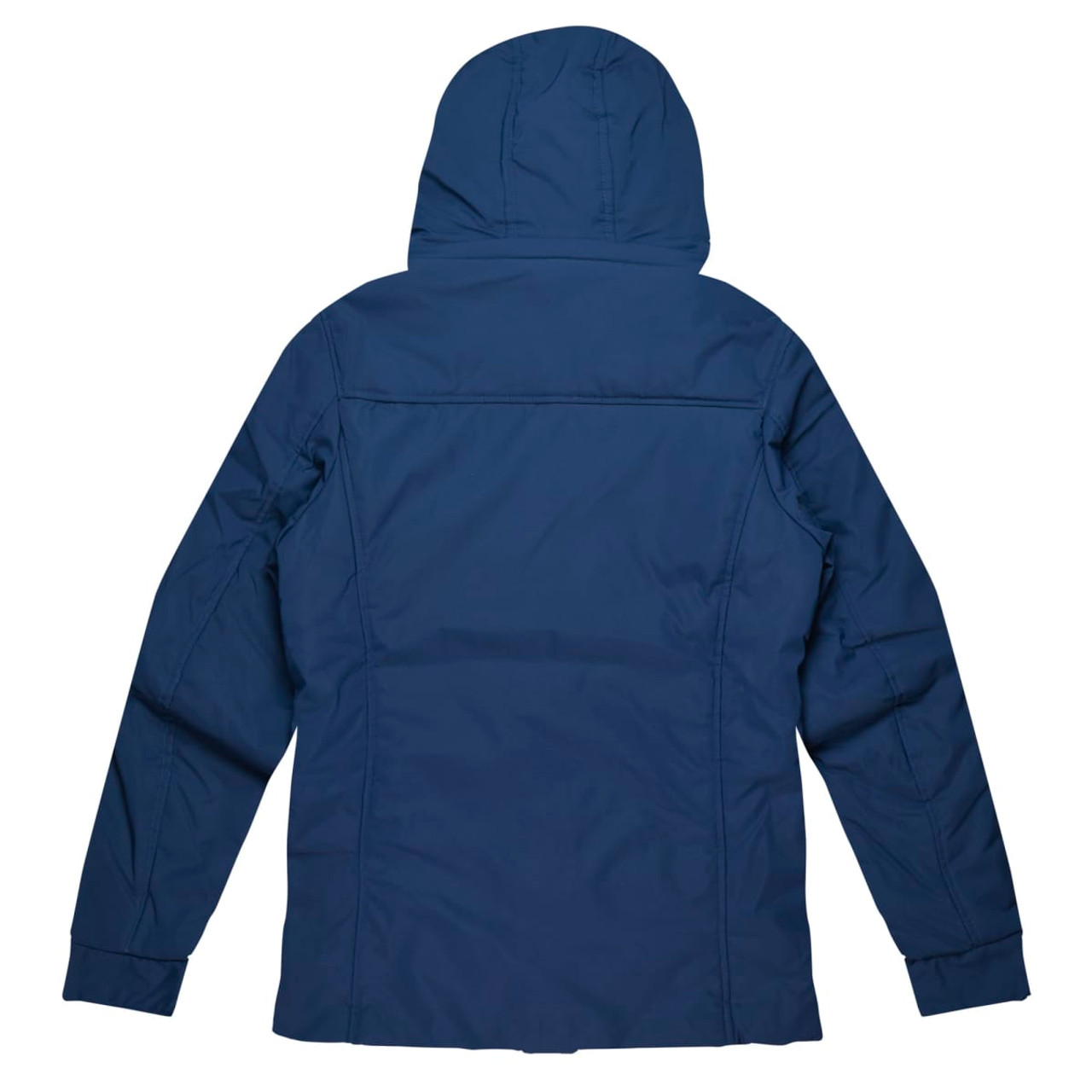 A navy blue jacket with a hood, featuring a simple design and no visible branding on the back.