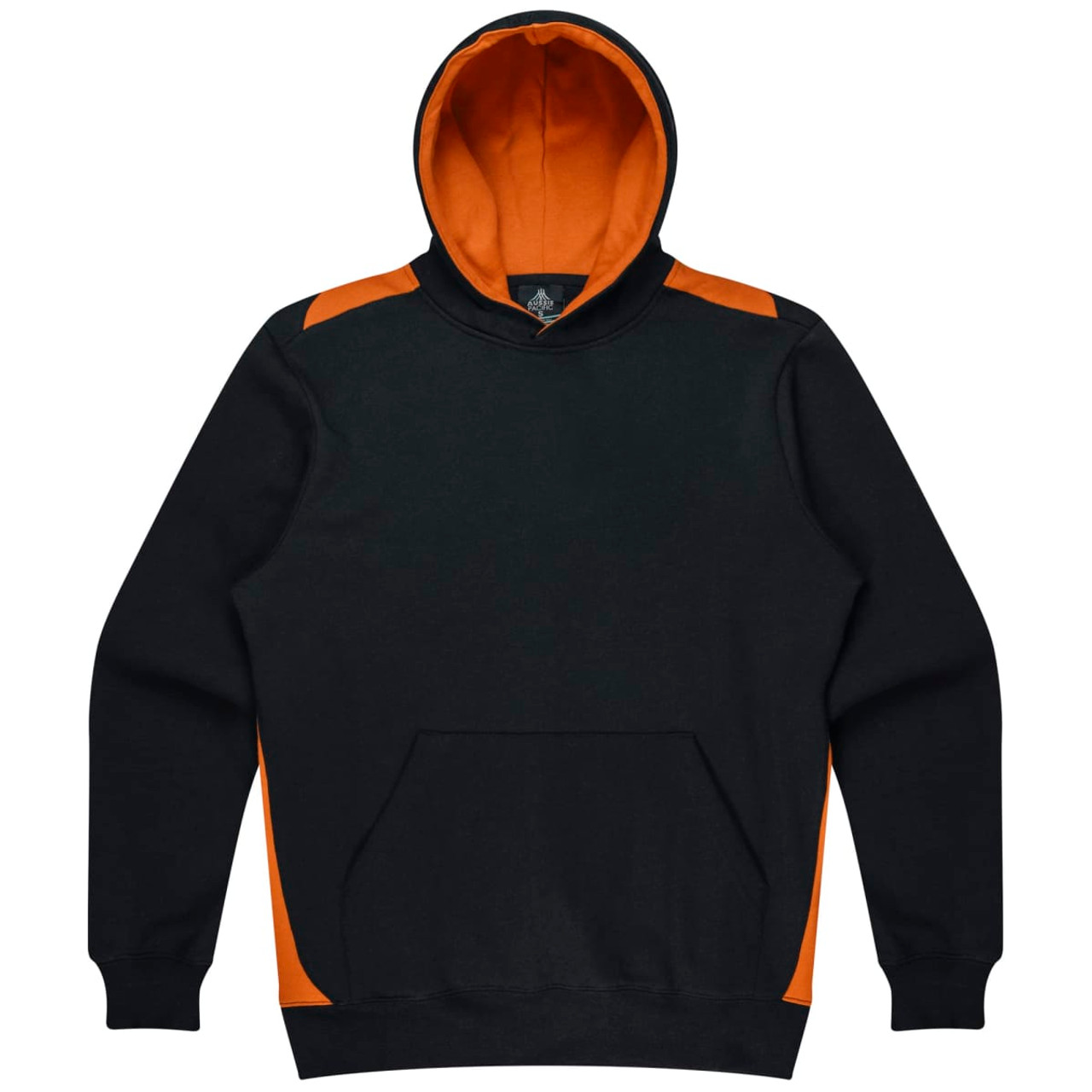 A black hoodie featuring orange accents on the shoulders and a front pocket. It has a hood and a brand logo.