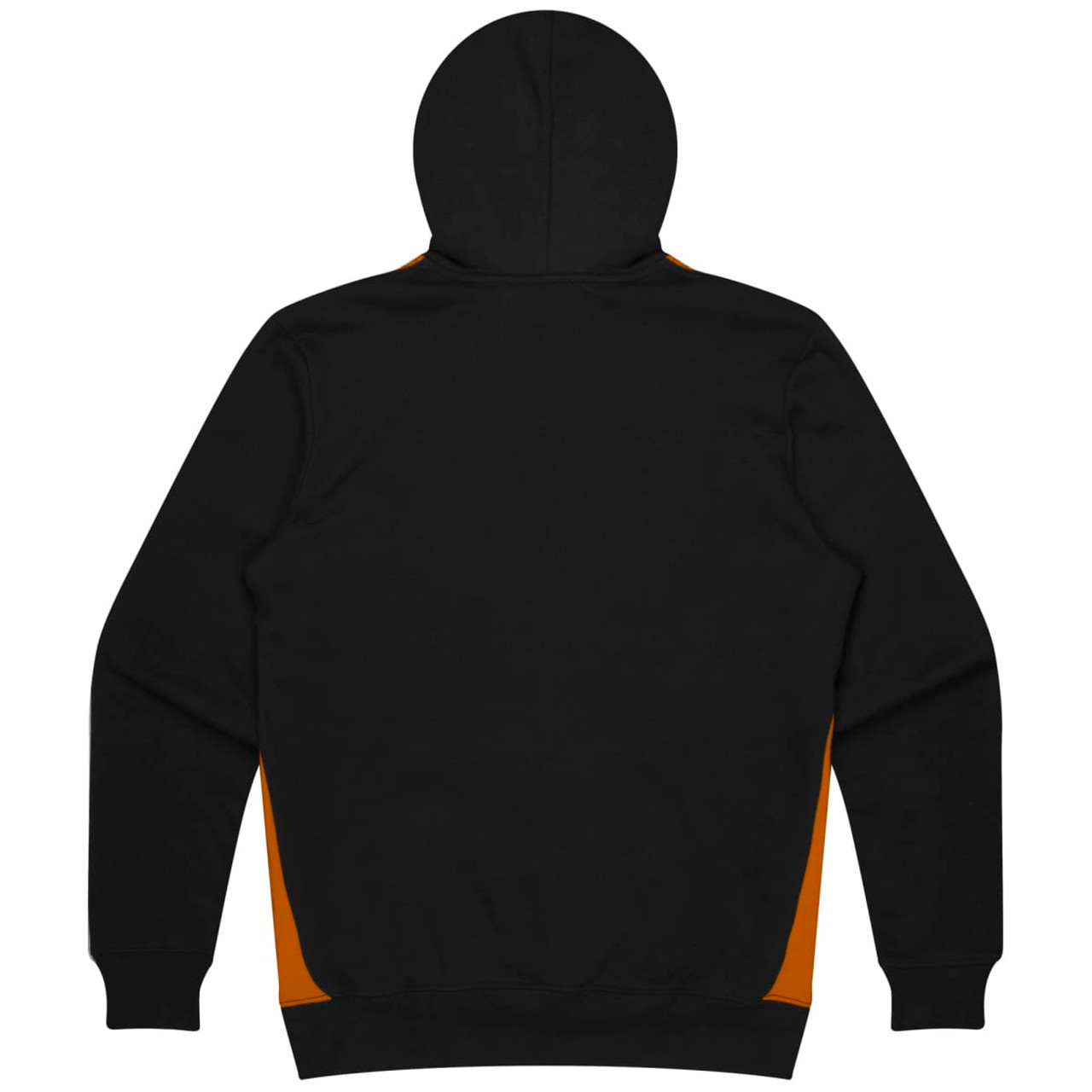 A black hoodie featuring orange side panels and a spacious hood. The back is plain with no graphics.