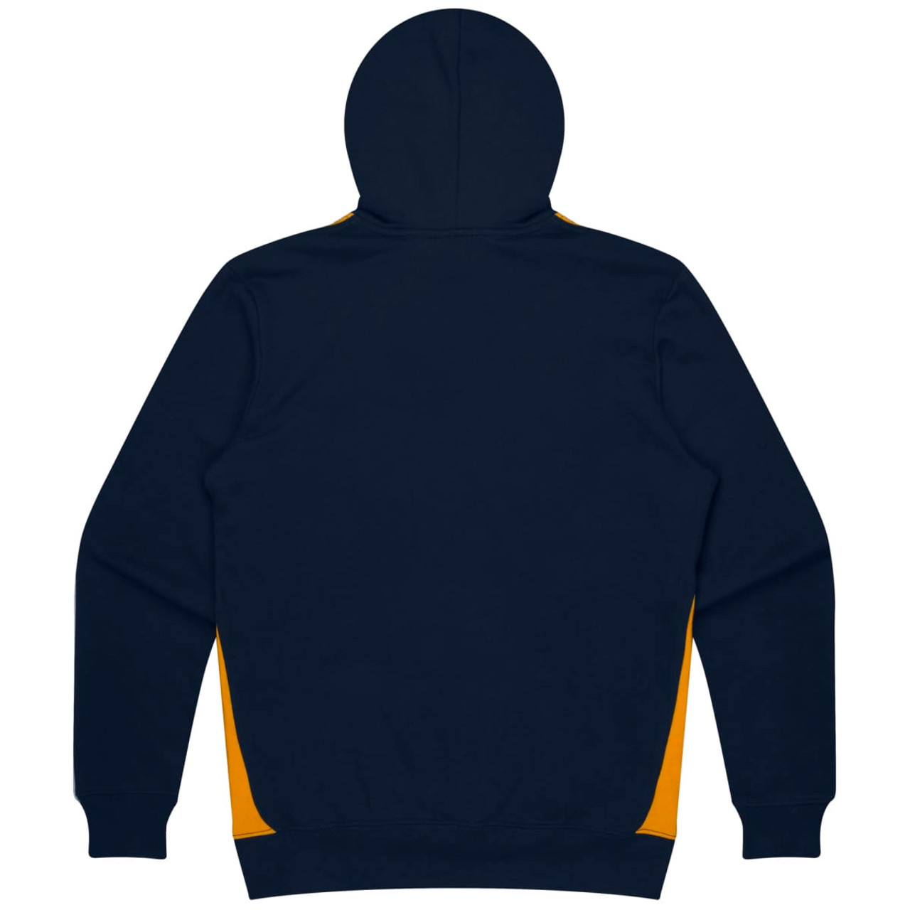 A navy hoodie featuring yellow side panels, with a hood and a casual design. It has a logo on the front.