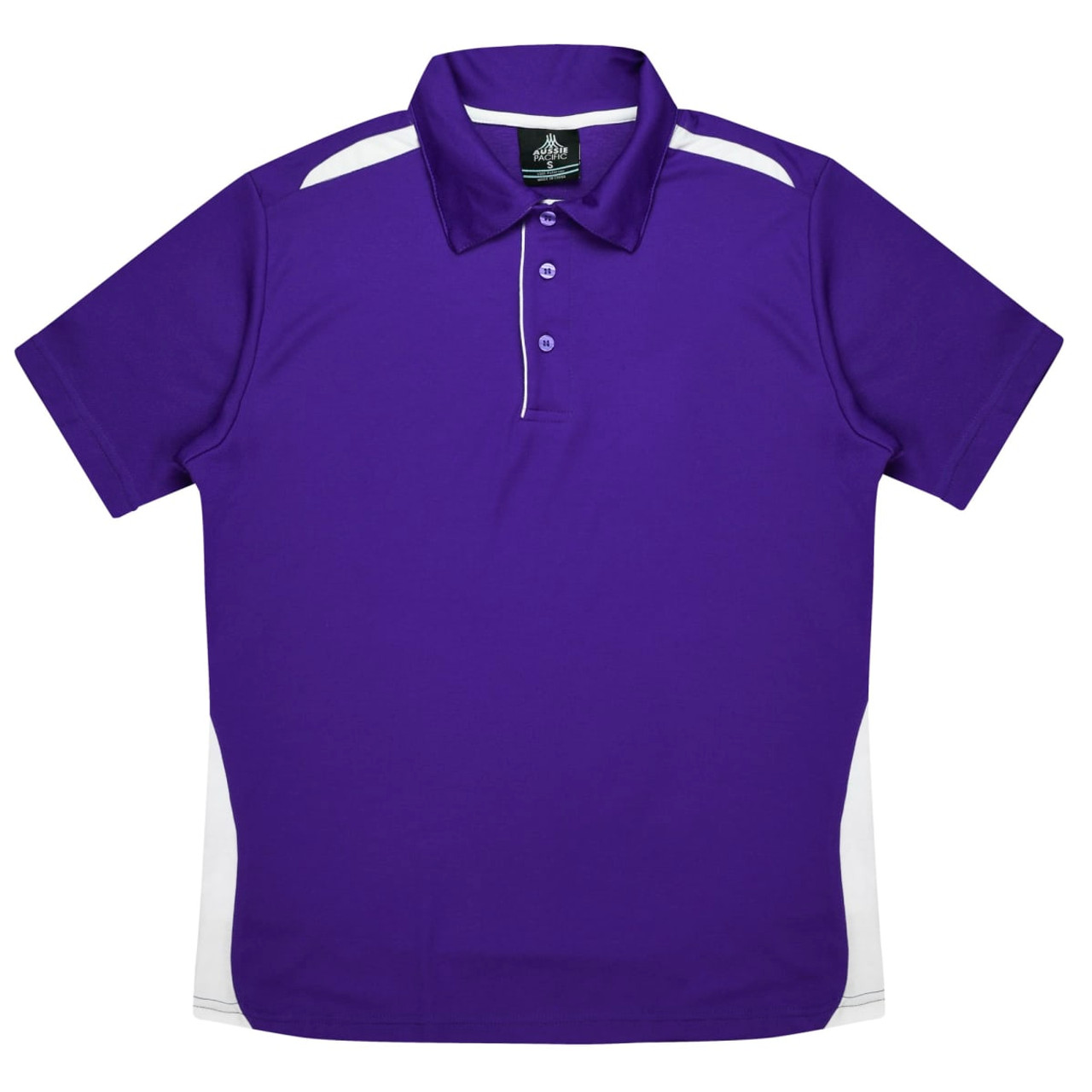 A purple polo shirt featuring white accents and a collar, with a logo on the label.