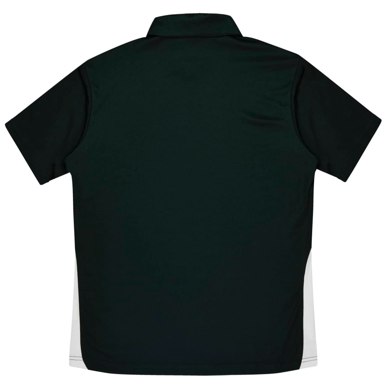 A dark green polo shirt featuring a contrasting white panel on the sides and a collar. It includes a logo.