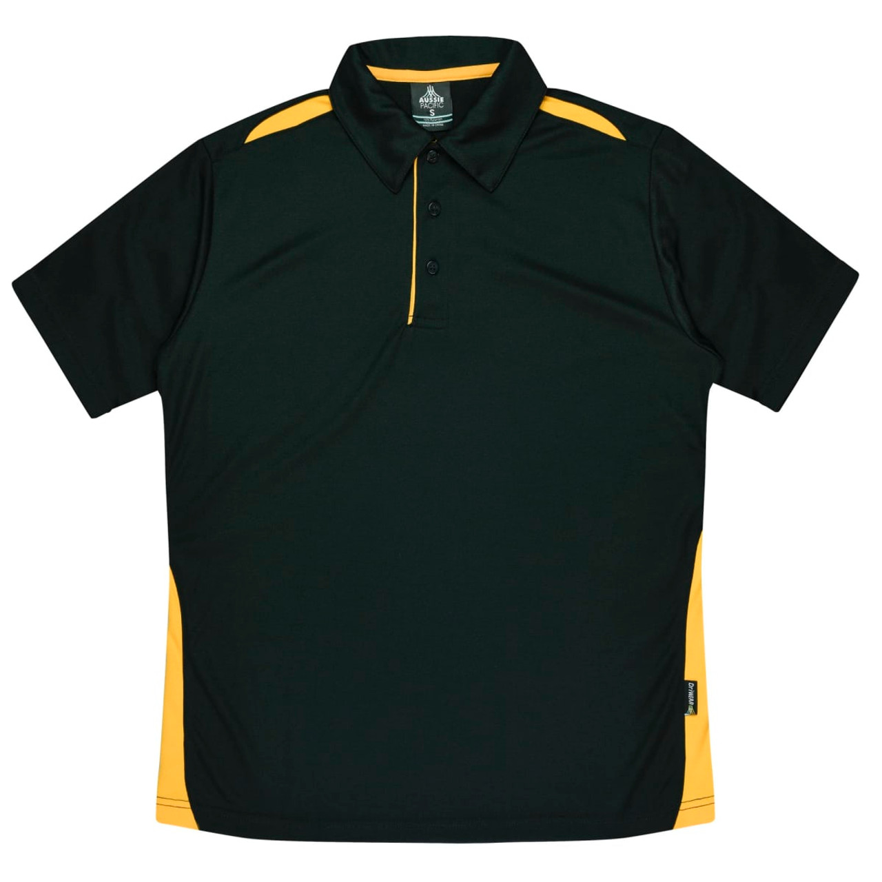 A dark green polo shirt with yellow side panels and a collar, featuring a branded label.
