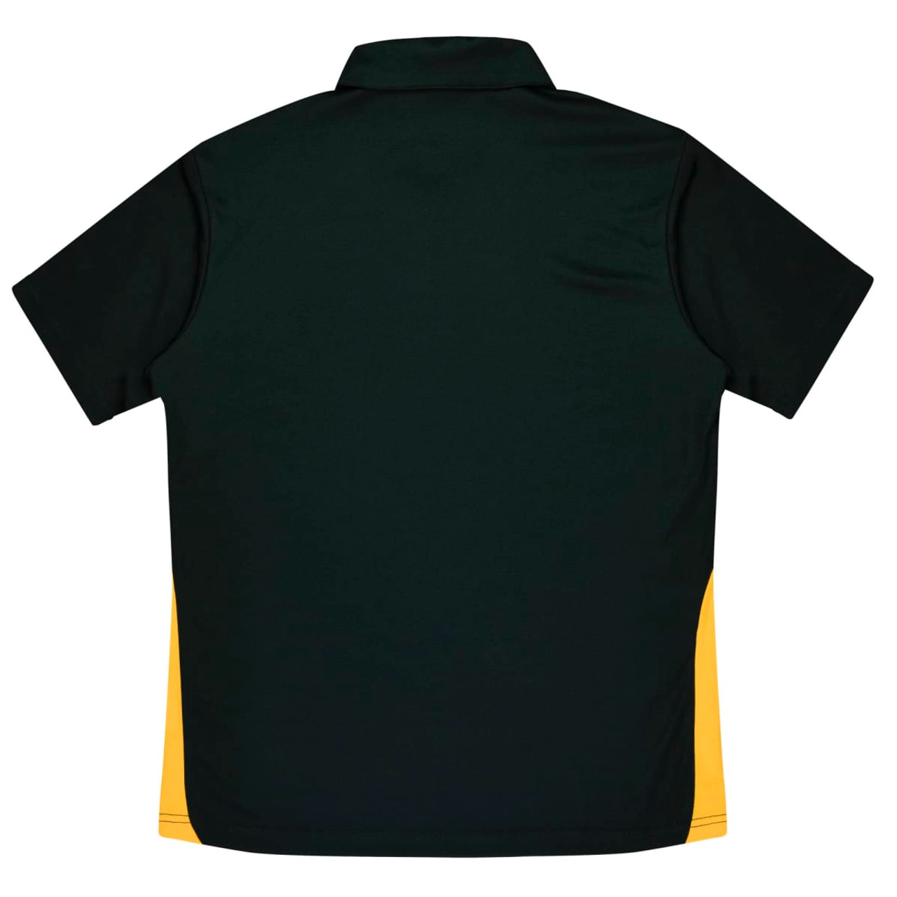 A dark green polo shirt with yellow side panels, featuring a plain back and a collar. It has a logo.