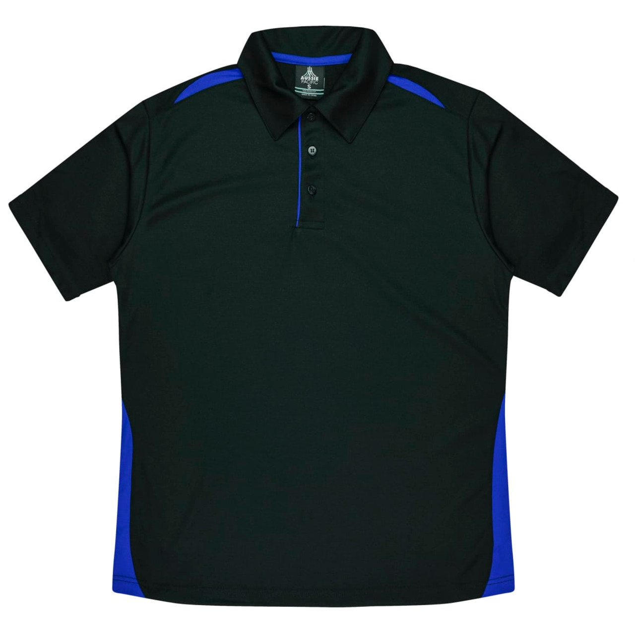 A black and blue men's polo shirt with a collar and a branded logo.