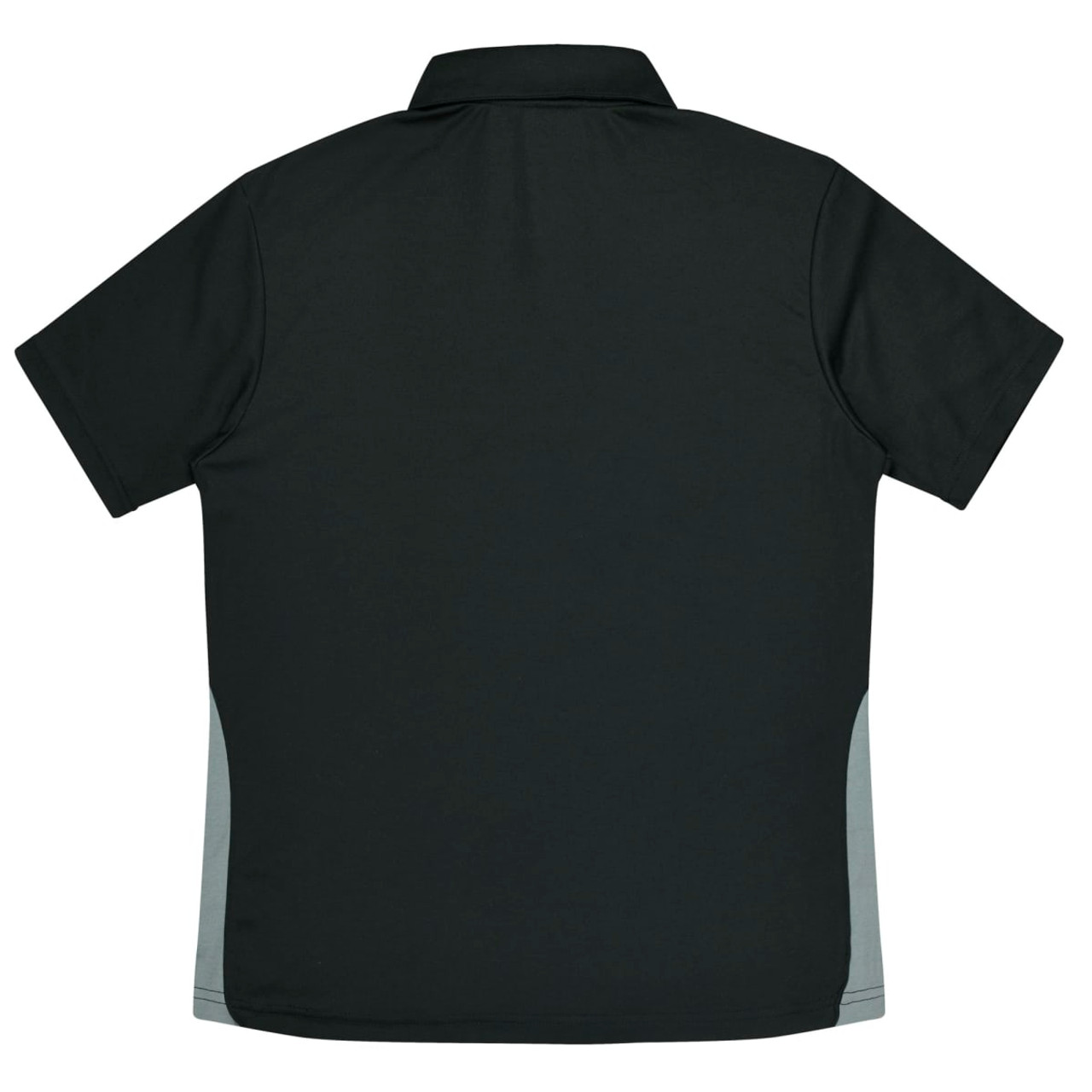 A dark green polo shirt with grey side panels and a collar, featuring a logo on the back.