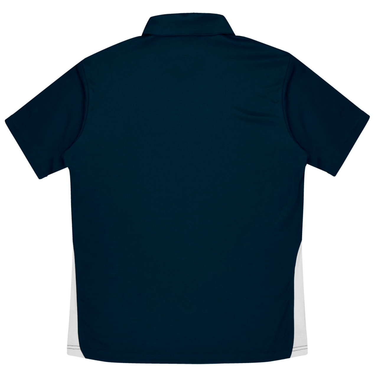 A navy blue polo shirt featuring a contrasting white side panel and a collar, with a logo on the side.