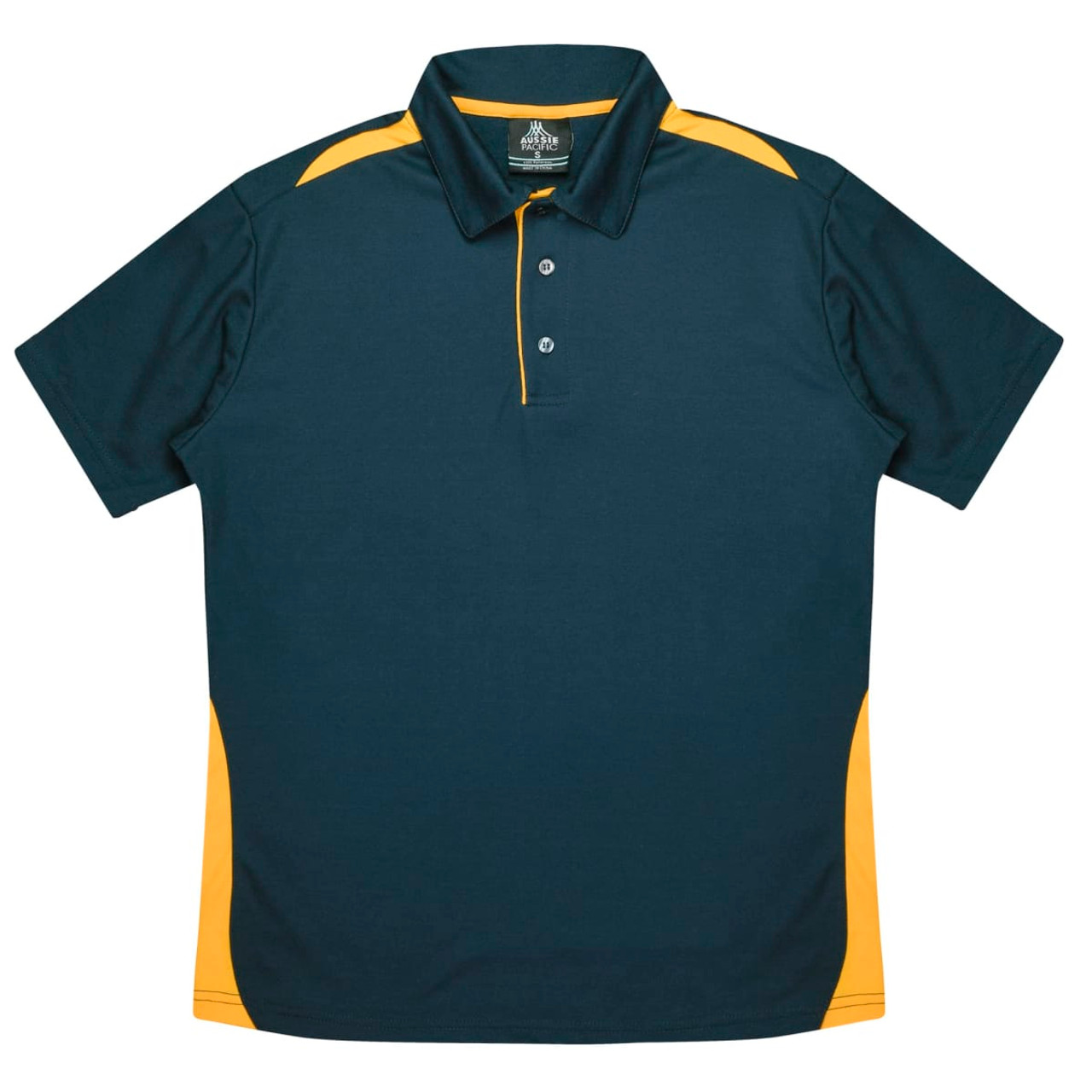 A dark green polo shirt with yellow accents, featuring a collar and three buttons. It has a logo on the chest area.