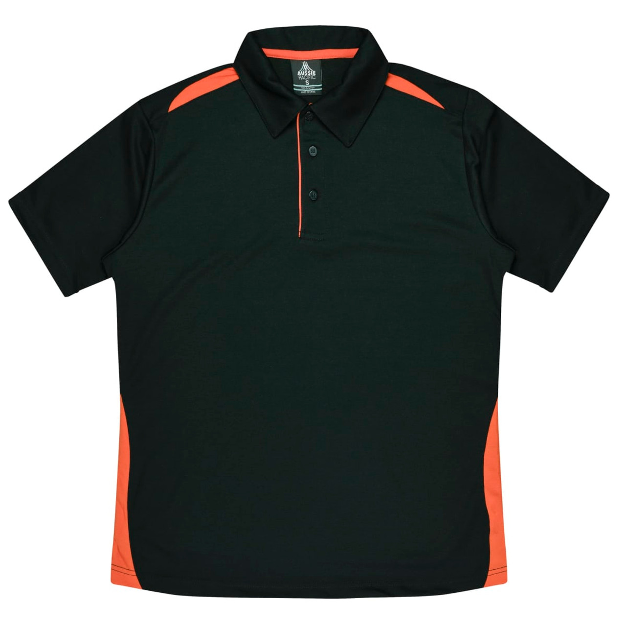 A black polo shirt with orange accents, featuring a collar and a logo on the chest area.