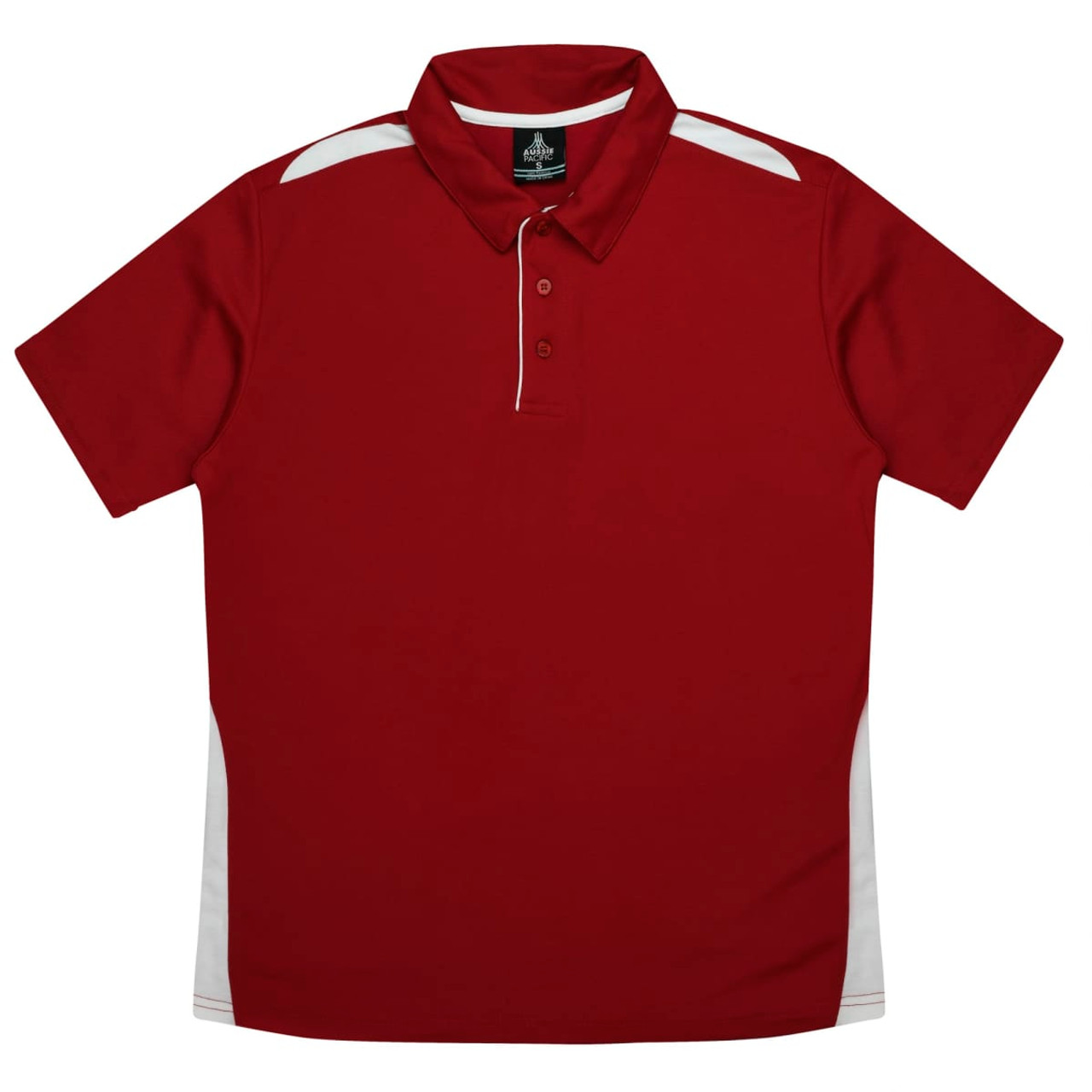 A red polo shirt with white accents and a collar, featuring a logo on the chest.