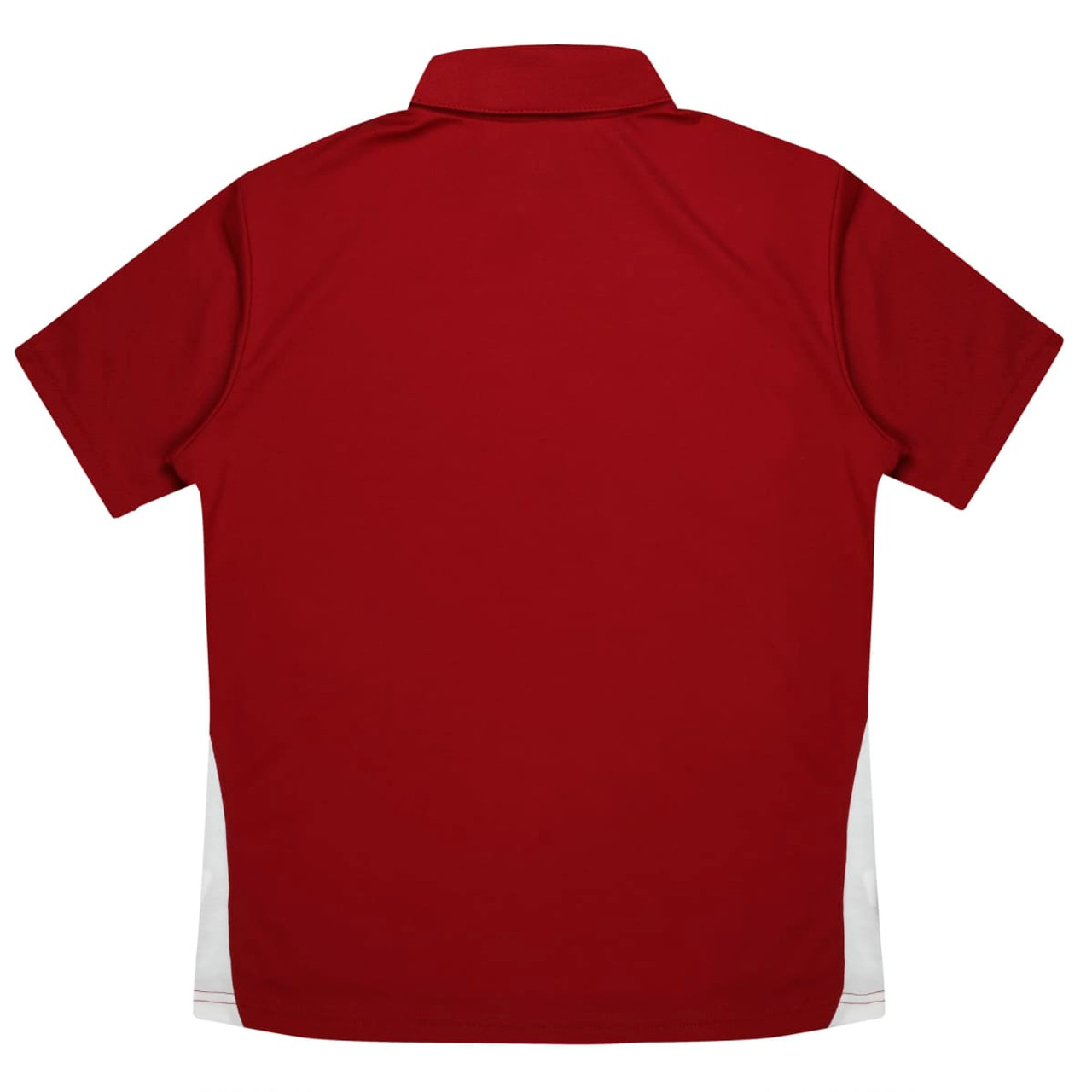 A maroon polo shirt featuring a contrasting white panel and a collar, with a logo on the back.