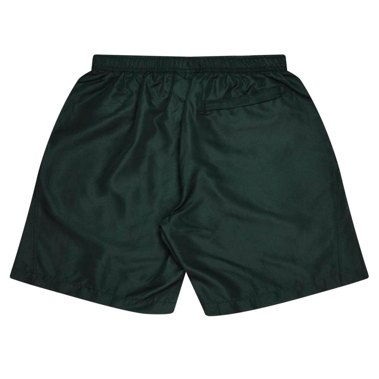 A pair of dark green sports shorts with an elastic waistband and a single back pocket. Features a logo.