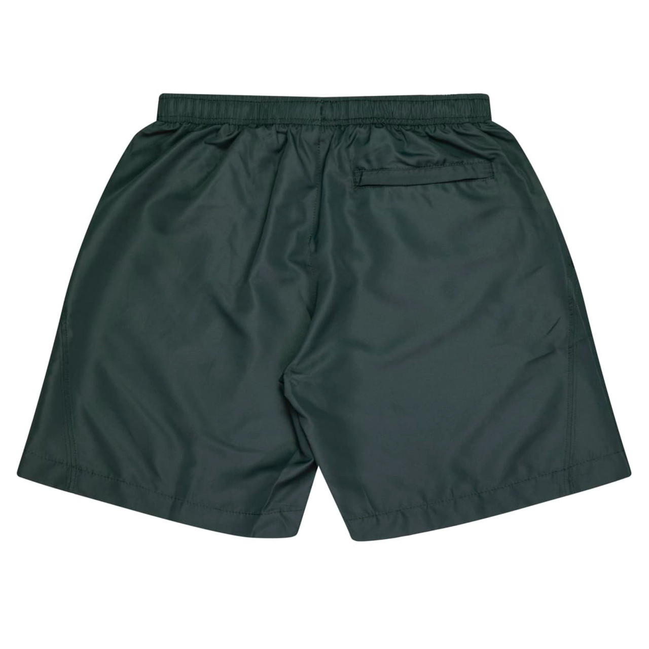 A pair of dark green kids' sports shorts featuring an elastic waist and a back pocket. The shorts also have a logo.