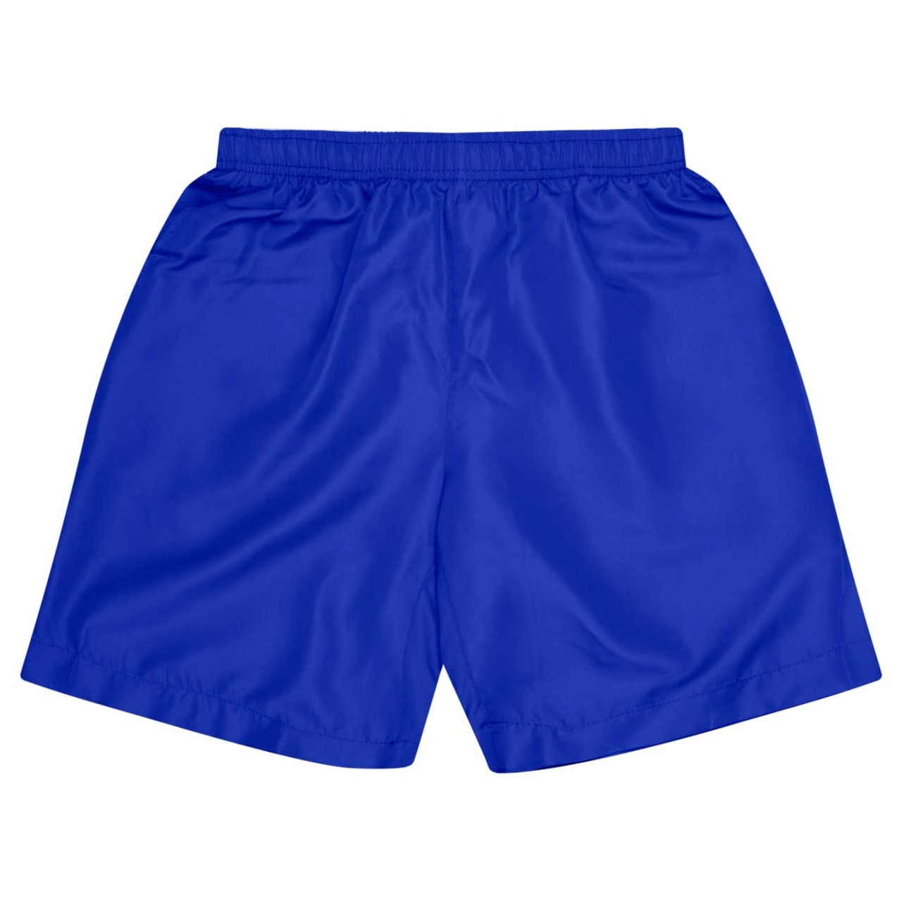 Blue sports shorts for kids with an elastic waistband and a smooth, shiny finish. Features a logo on the back.