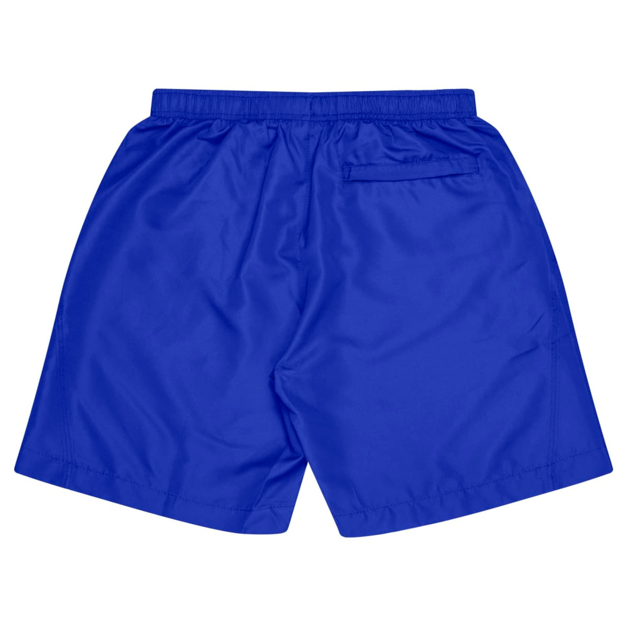 Blue sports shorts for kids featuring a waistband and a back pocket, with a logo on the fabric.