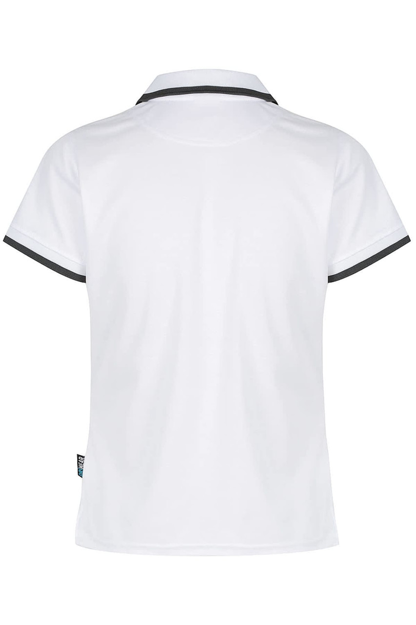 A white polo shirt with black trim and a logo. The shirt features a classic collar and short sleeves.