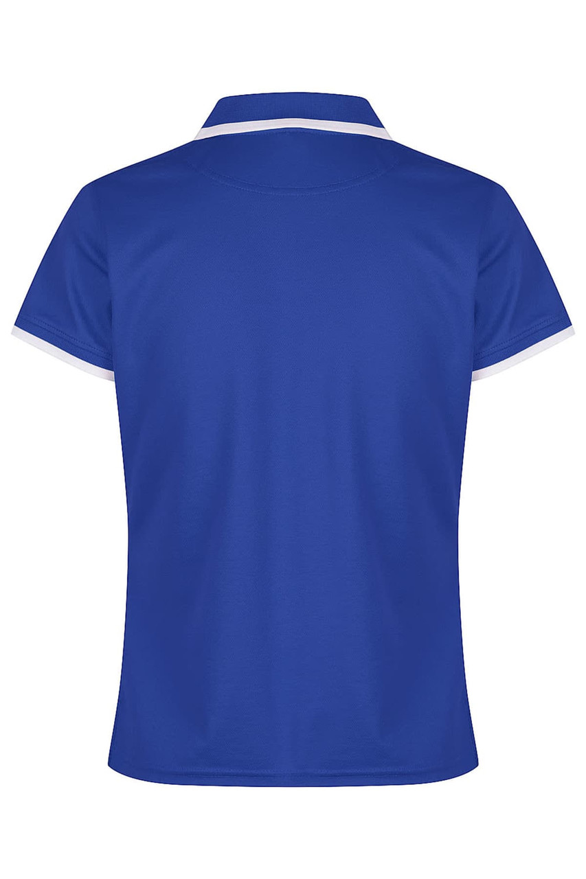 A blue polo shirt with a white collar and trim, featuring a logo on the back.