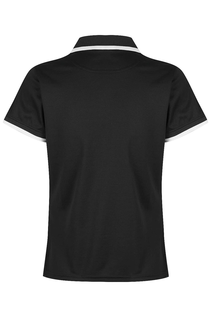 A black polo shirt with contrasting white accents and a collar, featuring a logo on the back.