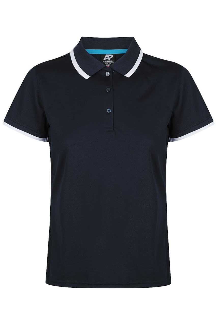 A navy polo shirt featuring a collared neckline, three-button placket, and contrasting trim. It has a logo on the chest.