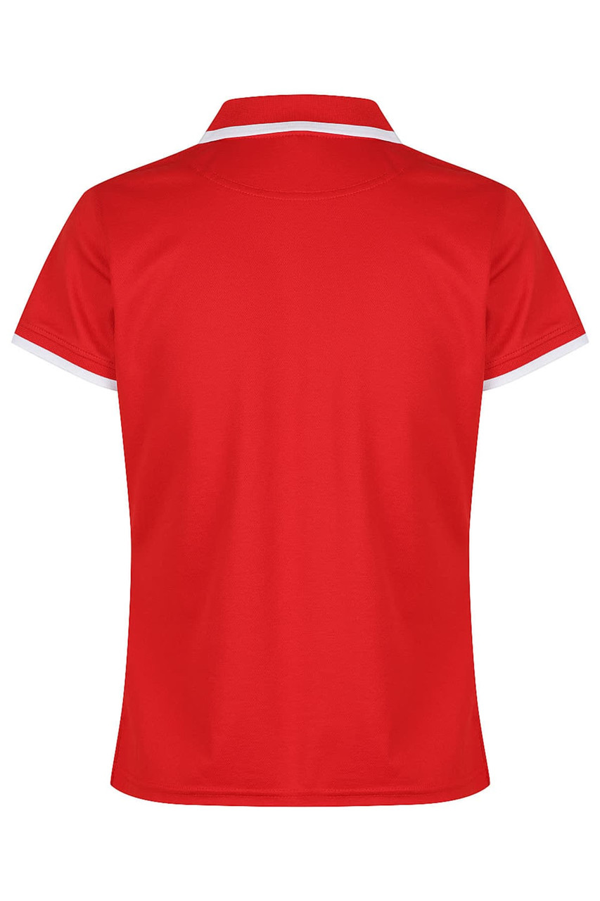 A red polo shirt with a white collar and sleeve detailing, featuring a logo on the front.