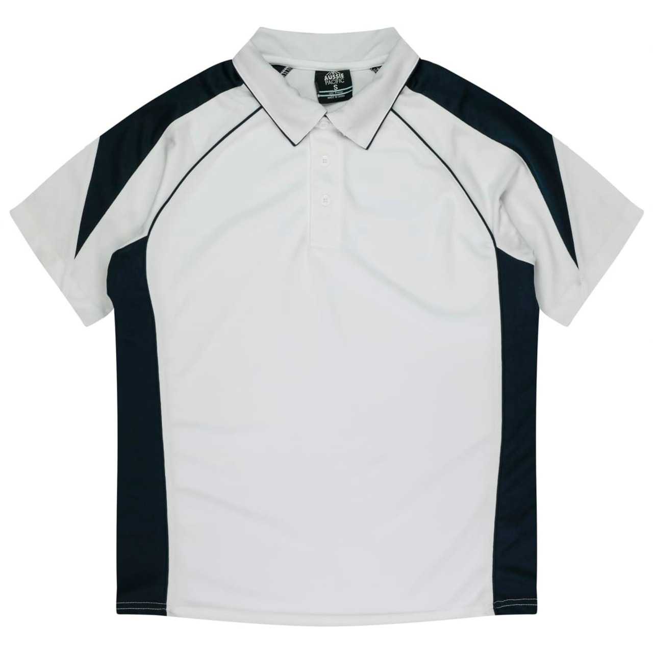 A polo shirt in white with black side accents, featuring a collar and short sleeves. It has a logo on the label.