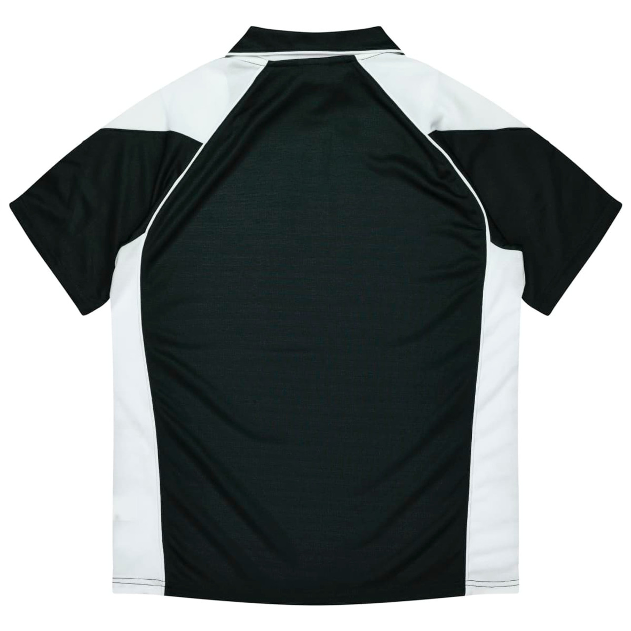A polo shirt featuring a black and white design with short sleeves and a collar. The back view is displayed.