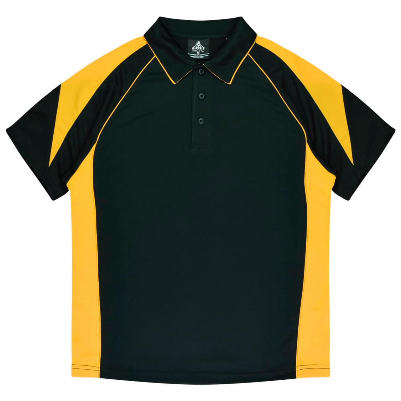 A polo shirt featuring a dark green body with yellow accents and a collar, including a logo on the label.