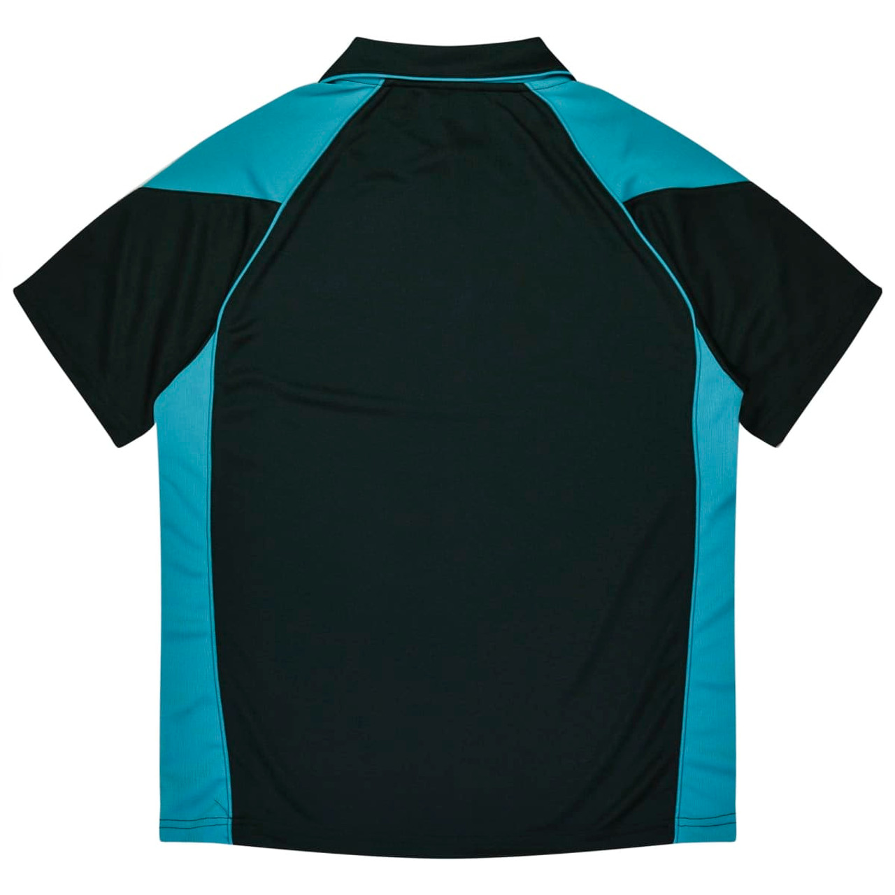A dark green polo shirt featuring blue side panels and a logo. The back view highlights its sporty design.