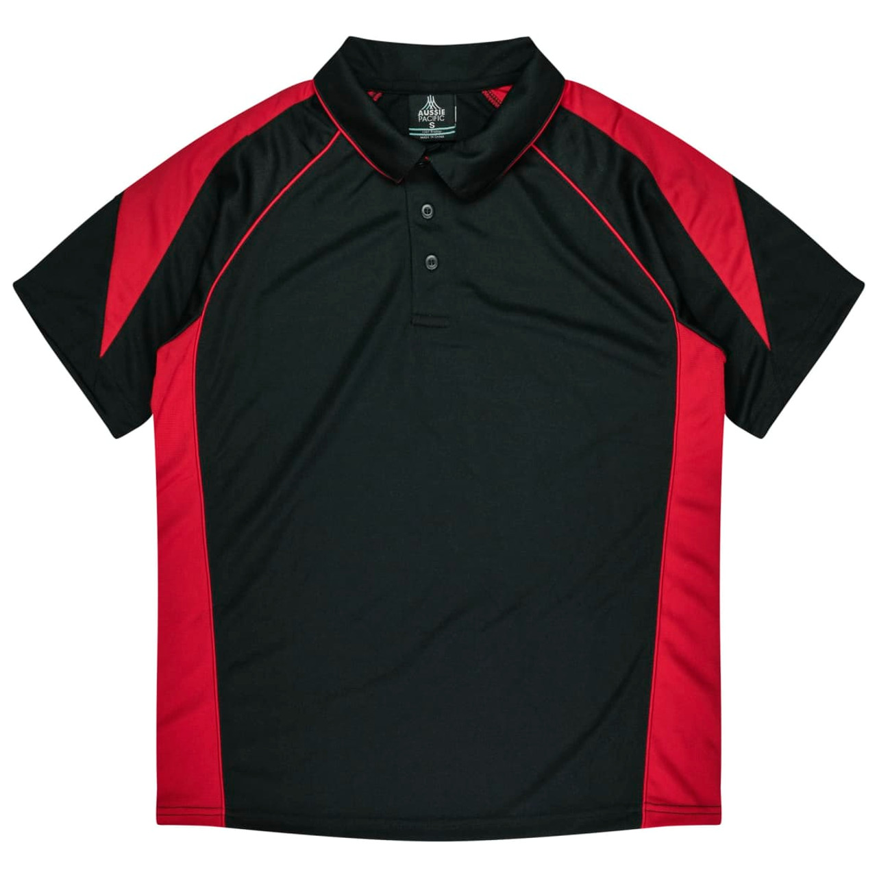A black polo shirt with red accents and a logo on the collar. Features a classic three-button placket.