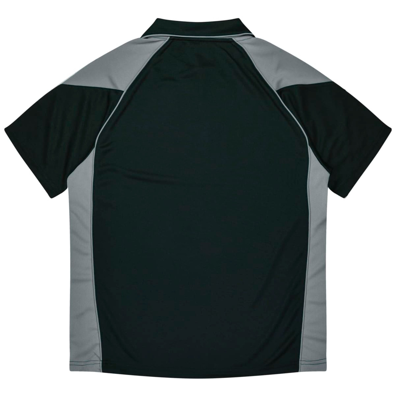 A dark green polo shirt with grey accents and a logo on the chest area.